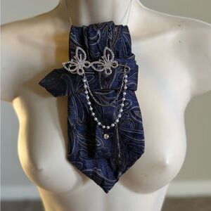 Navy Paisley Satin Ascot Scarf with Rhinestone Brooch